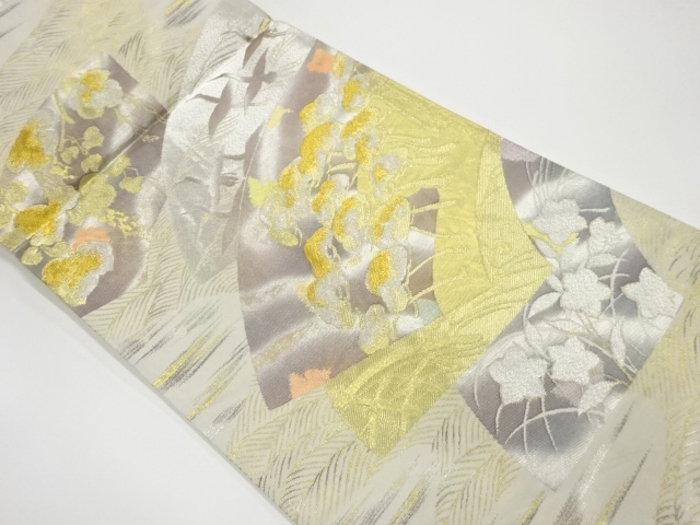 JAPANESE KIMONO / VINTAGE FUKURO OBI / WOVEN CRANES & IVY LEAVES WITH BELL FLOWERS